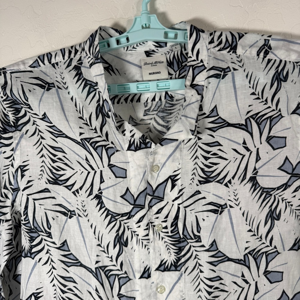 Murano Shirt Mens Large White Blue Baird McNutt Linen Floral Band Grandad Collar